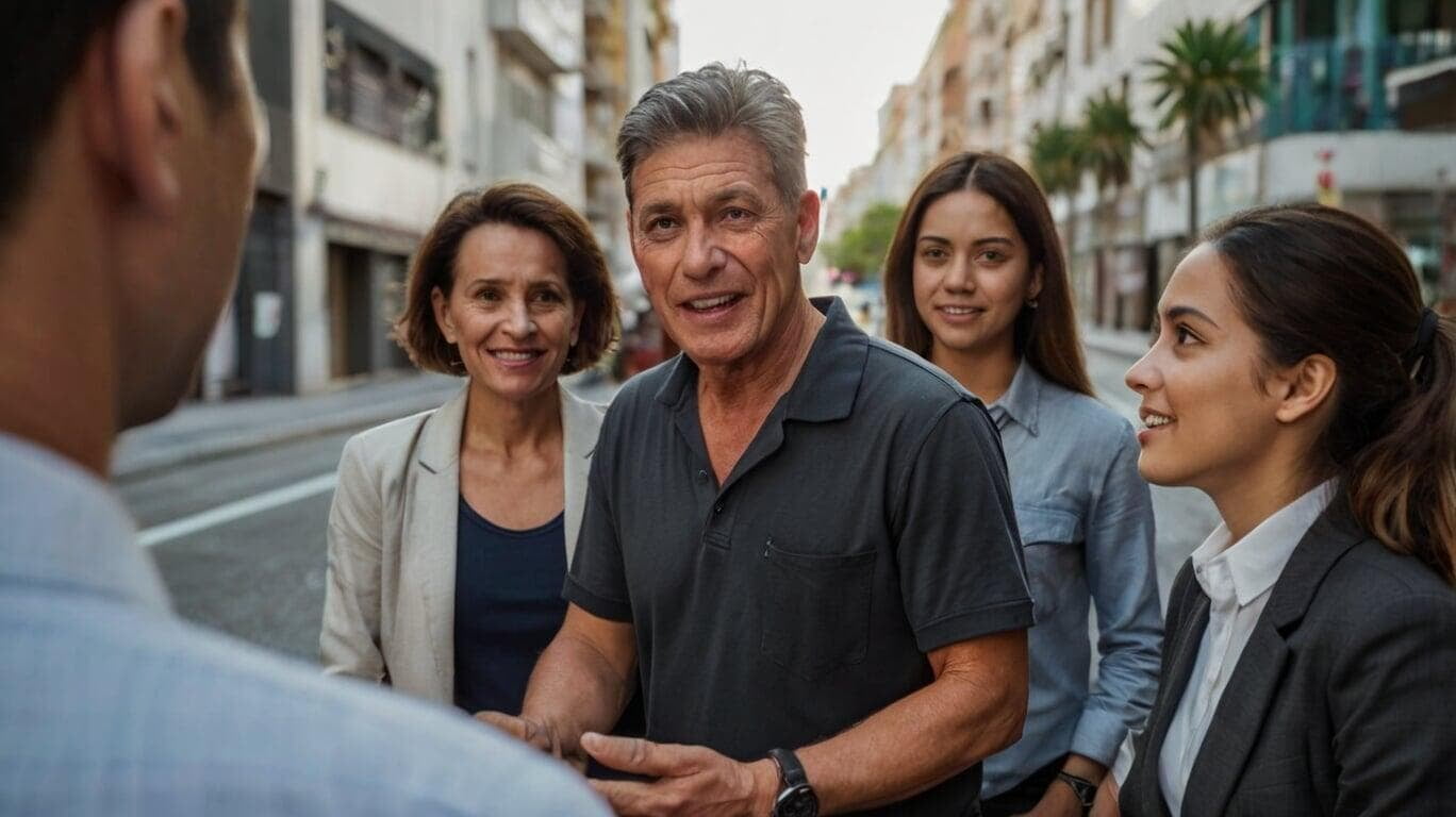 hombre platicando con personas en la calle