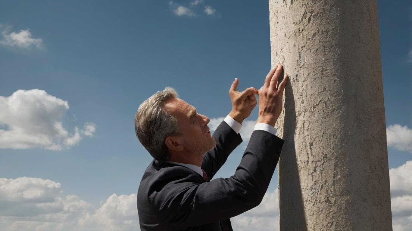 hombre de traje colocando algo en una columna de piedra