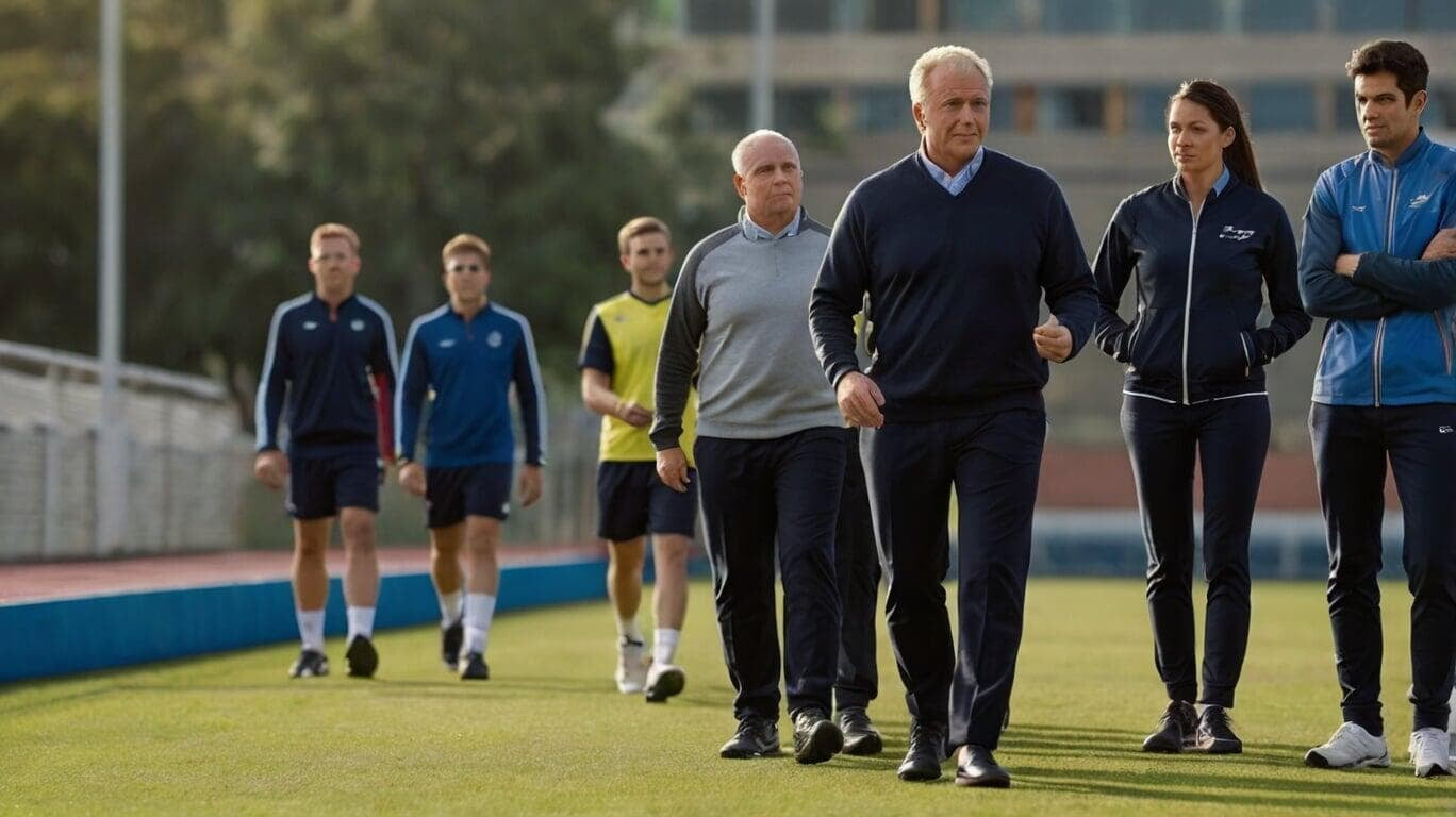 grupo de personas con ropa deportiva caminando en un campo deportivo