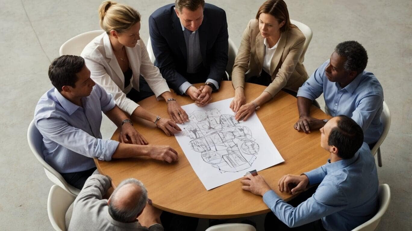 grupo de personas sentadas en una mesa de juntas trabajando en un diagrama